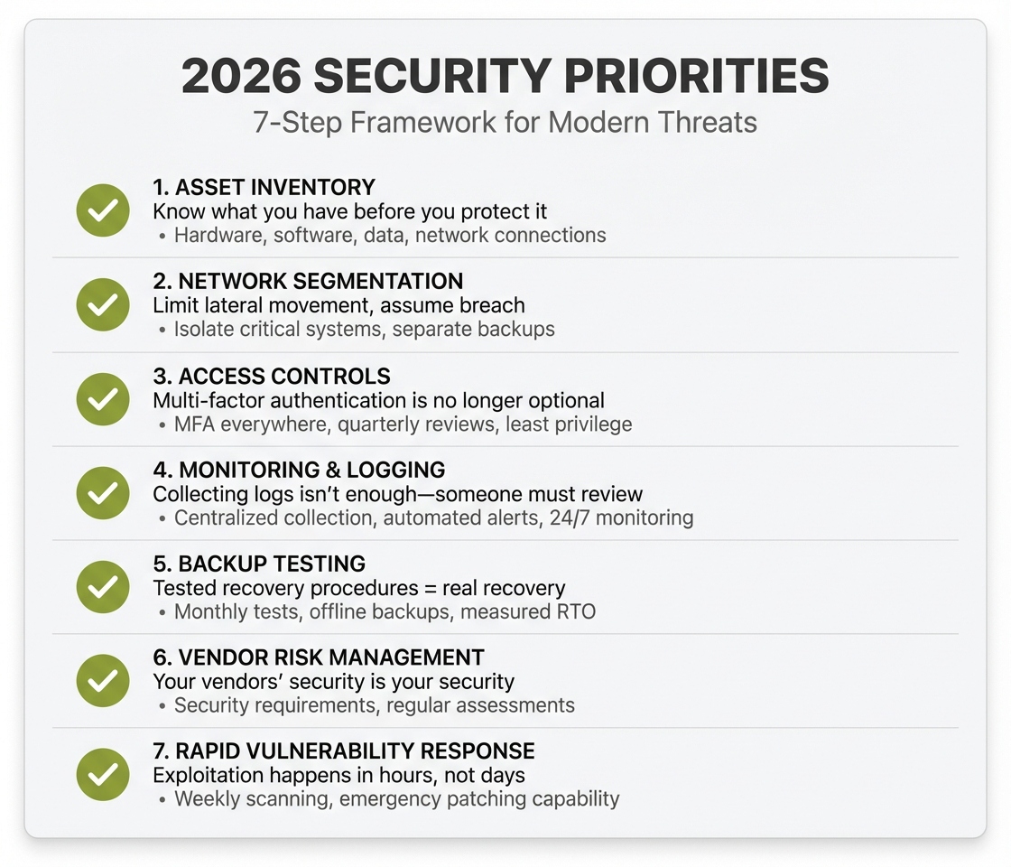 Seven essential security priorities for 2026: asset inventory, network segmentation, access controls, monitoring and logging, backup testing, vendor risk management, and rapid vulnerability response