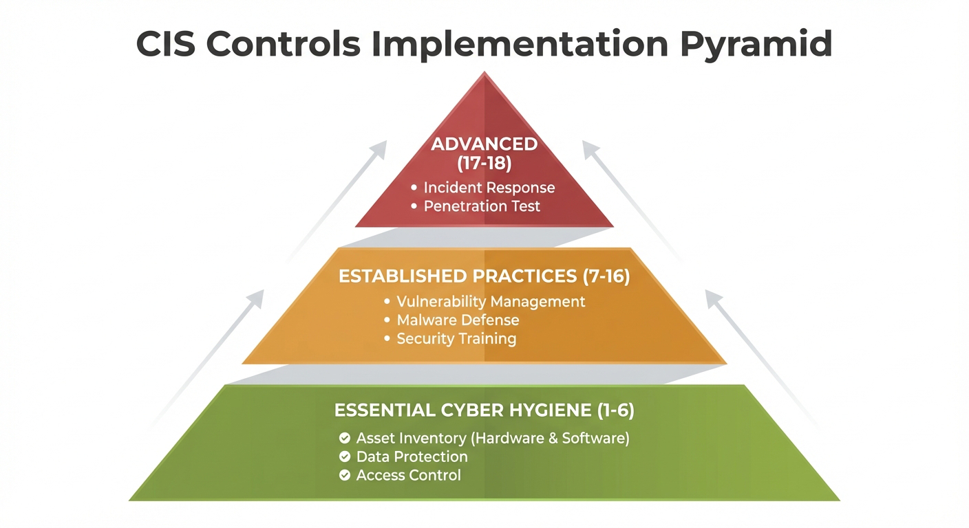 CIS Controls implementation pyramid showing three tiers: Essential Cyber Hygiene (controls 1-6), Established Practices (7-16), and Advanced Security Operations (17-18)