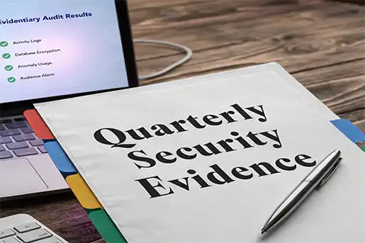 Quarterly Security Evidence report with compliance audit checklist on laptop screen showing verified controls for law firm documentation