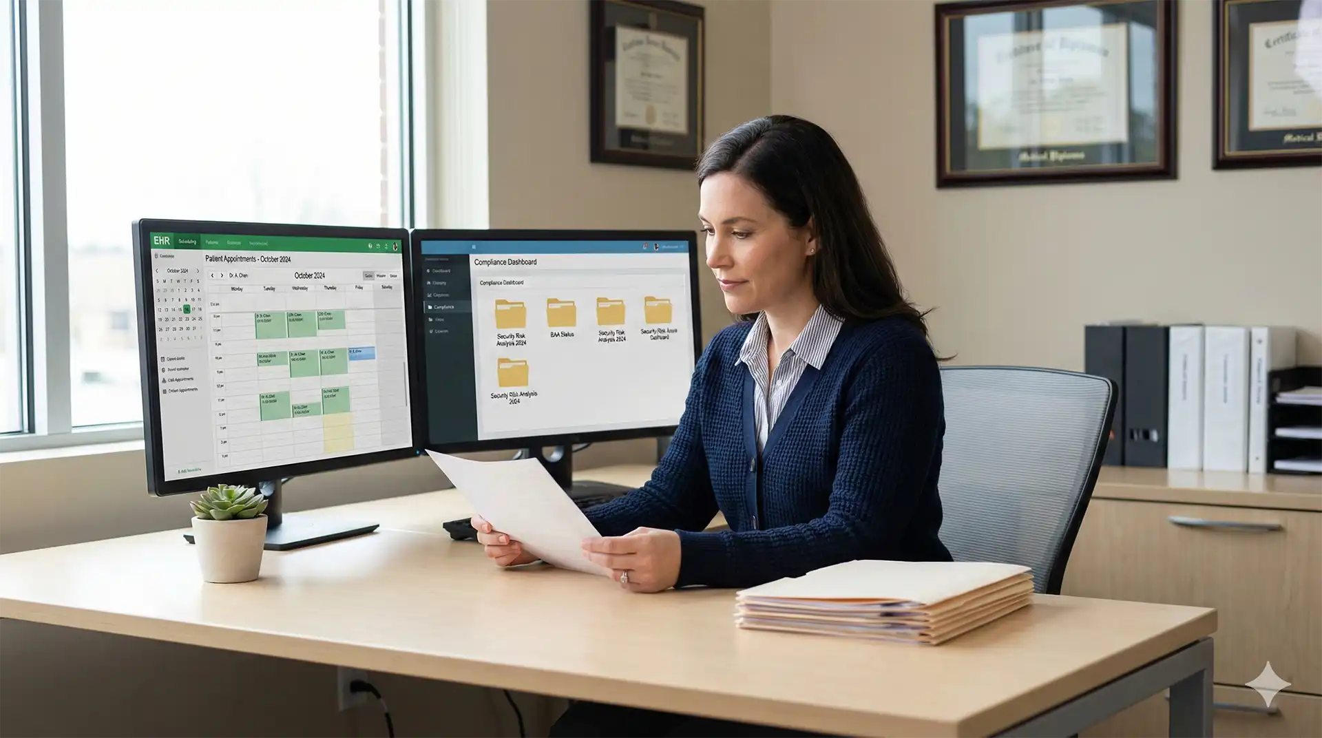Medical practice manager reviewing HIPAA compliance documentation and EHR scheduling on dual monitors in professional medical office