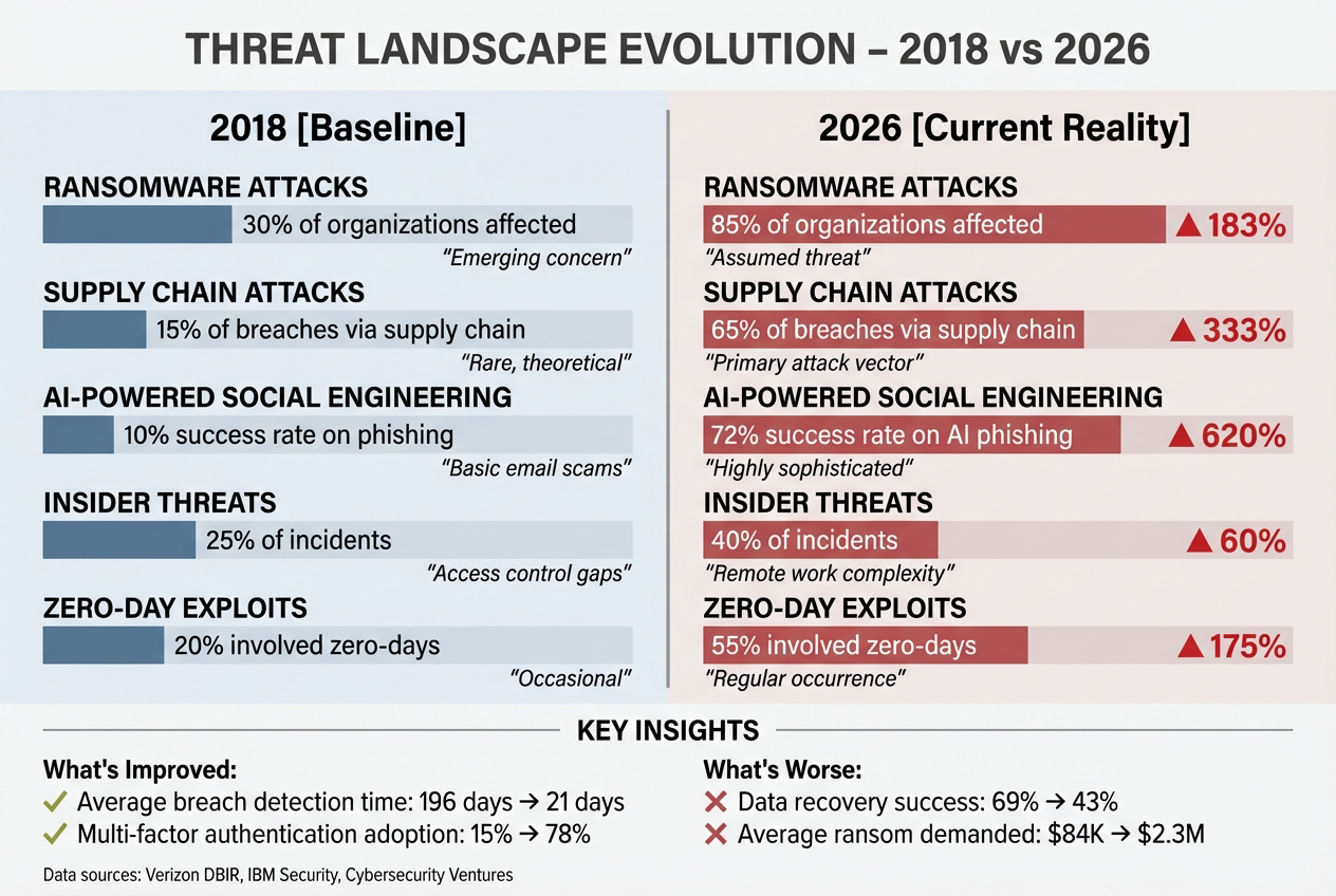 Threat Landscape Evolution: 2018 vs 2026 comparison showing increased sophistication and frequency of attacks