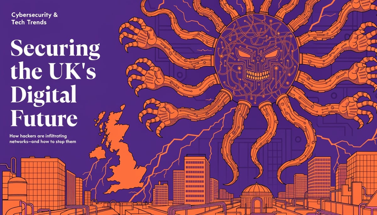 Conceptual image of UK cybersecurity, highlighting threat vectors and data protection in defense networks and critical infrastructure.