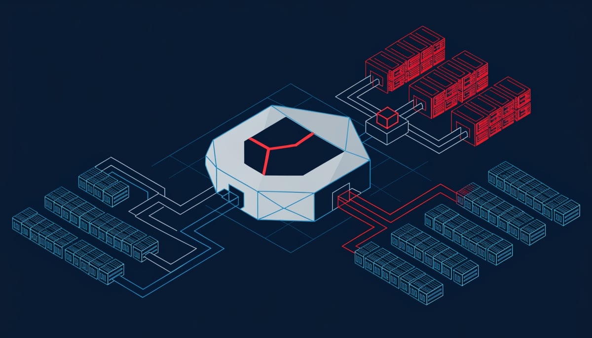 Isometric diagram of LiteLLM package registry supply chain attack spreading tainted builds to downstream servers