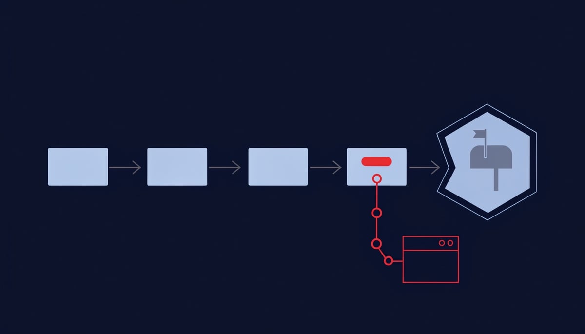 TA419 reply-gated phishing diagram: benign email thread leading to red malicious shortened URL breaching mailbox perimeter