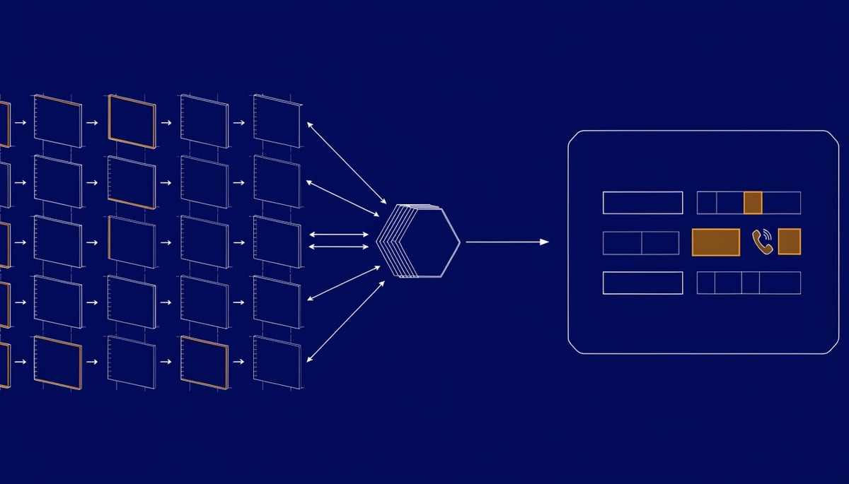 Isometric blueprint diagram of AI search poisoning feeding fake support contacts into assistant answers