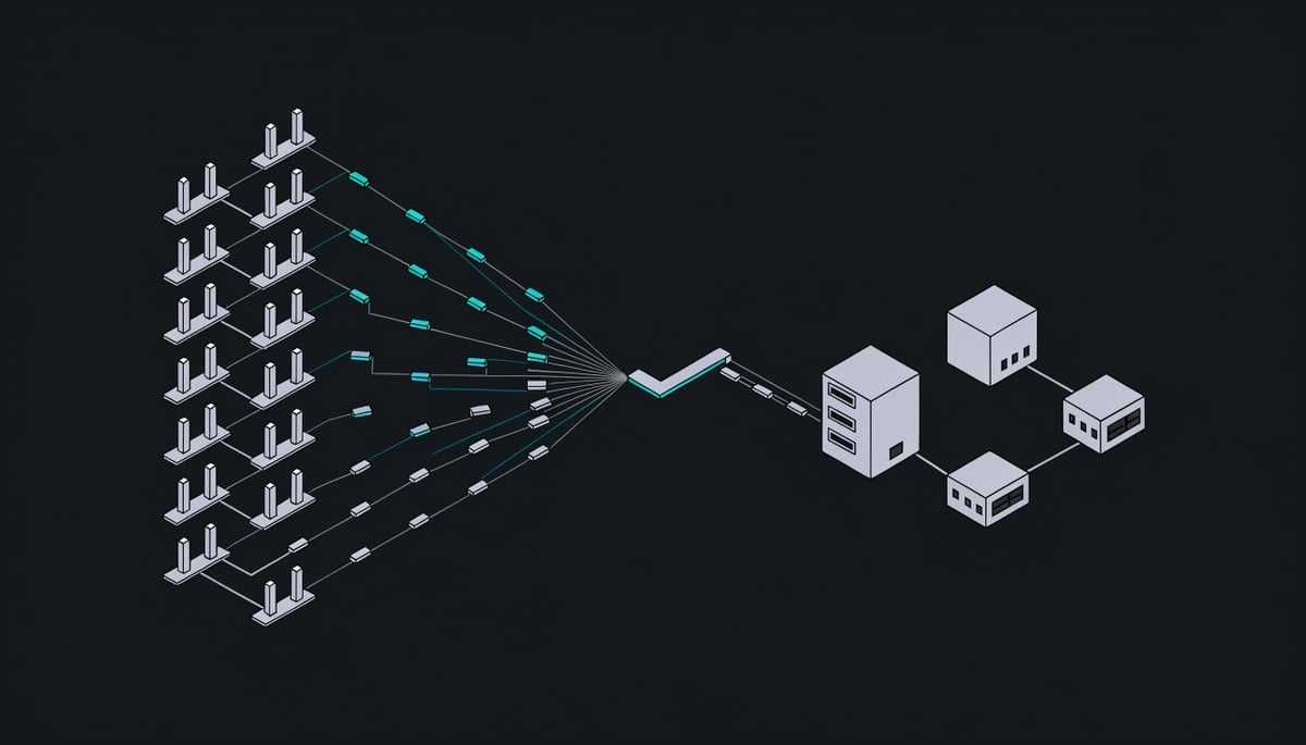 Isometric diagram of infostealer credential supply chain feeding stolen session tokens to ransomware operators