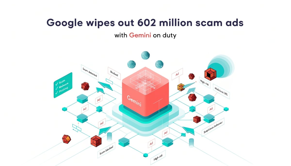 Conceptual image of cybersecurity with Gemini AI detecting scam ads, enhancing digital security and data protection.