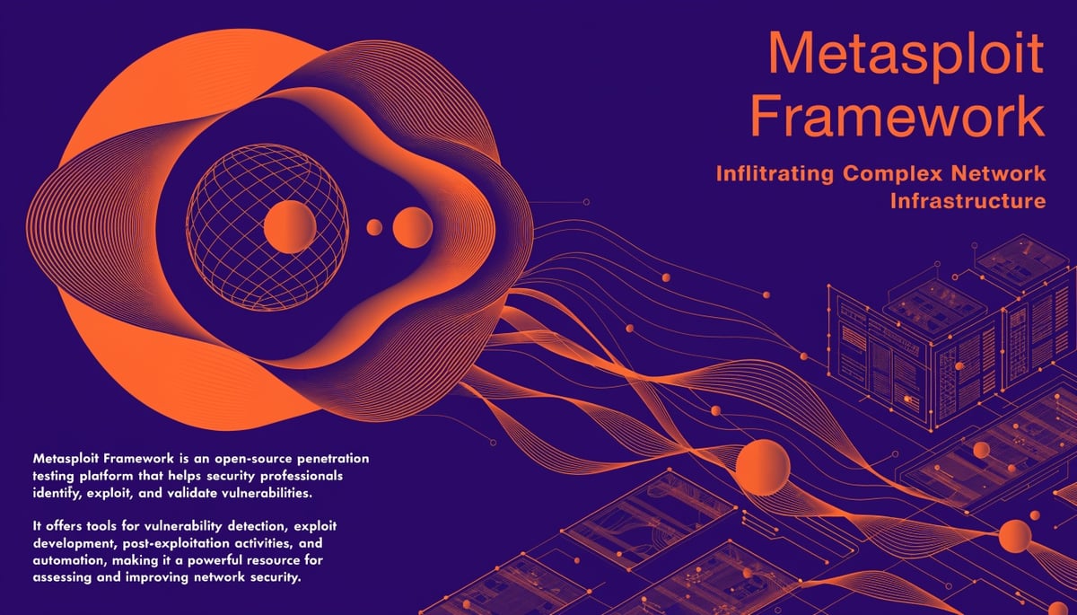 Cybersecurity image illustrating threat vectors and data protection in enterprise networks using Metasploit exploits.