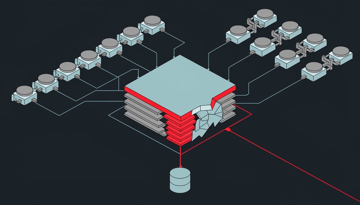 Isometric diagram of a compromised LiteLLM AI gateway exposing API keys and hijacked CPU to XMRig mining