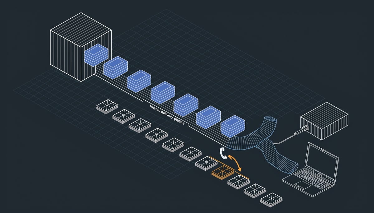 Isometric diagram of fake Shopify Shop app refund scam leading to AnyDesk and ScreenConnect remote access