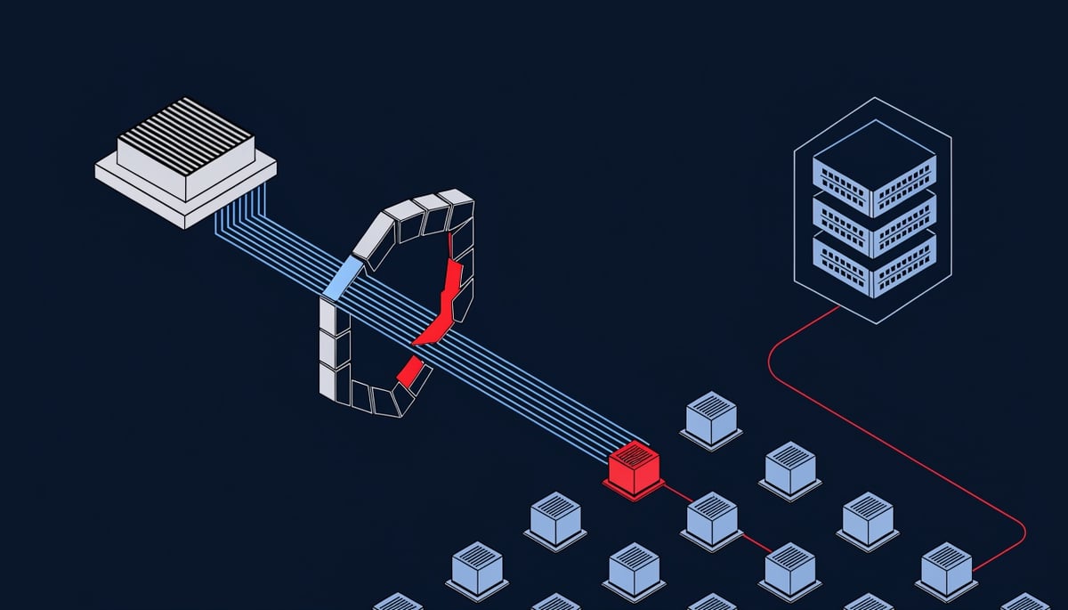 Isometric diagram of SynkLoader malware entering a corporate network through a trusted cloud-hosted installer