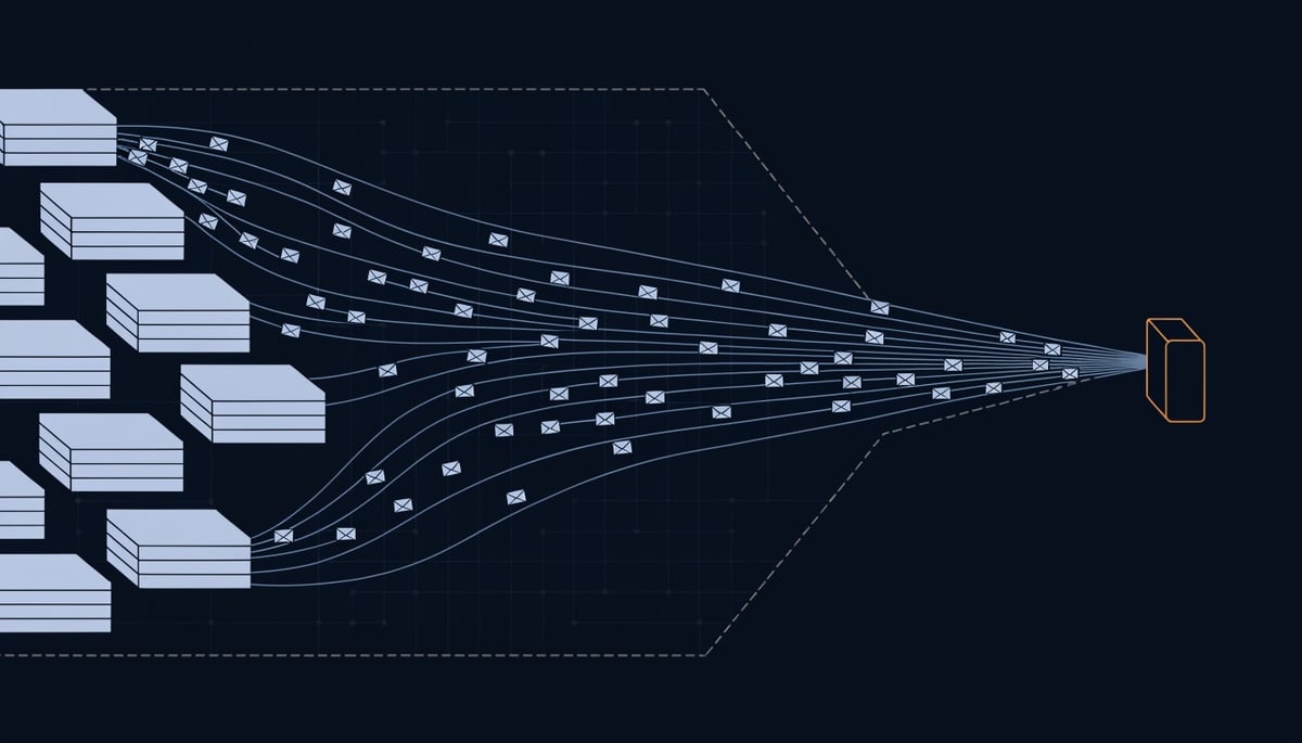 Isometric diagram of company systems emailing sensitive data to an outsider-owned noreply catch-all mailbox