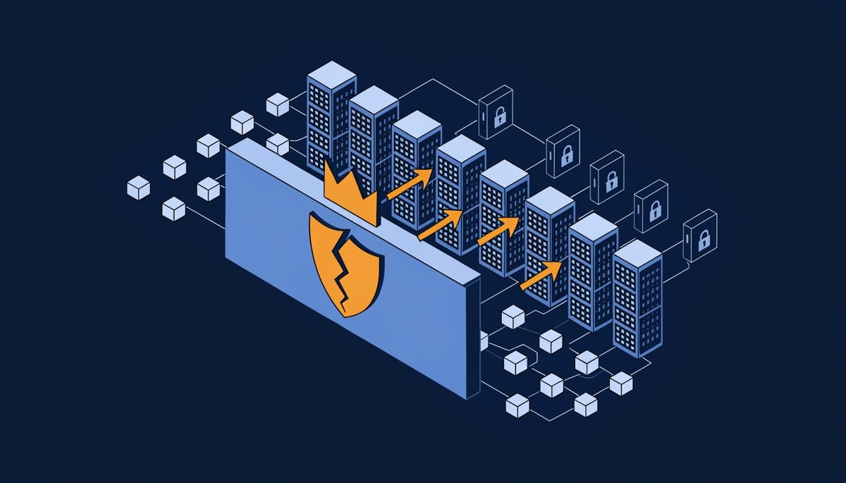 Isometric diagram of a compromised Fortinet firewall granting super-admin access to internal servers in a Gunra ransomware attack