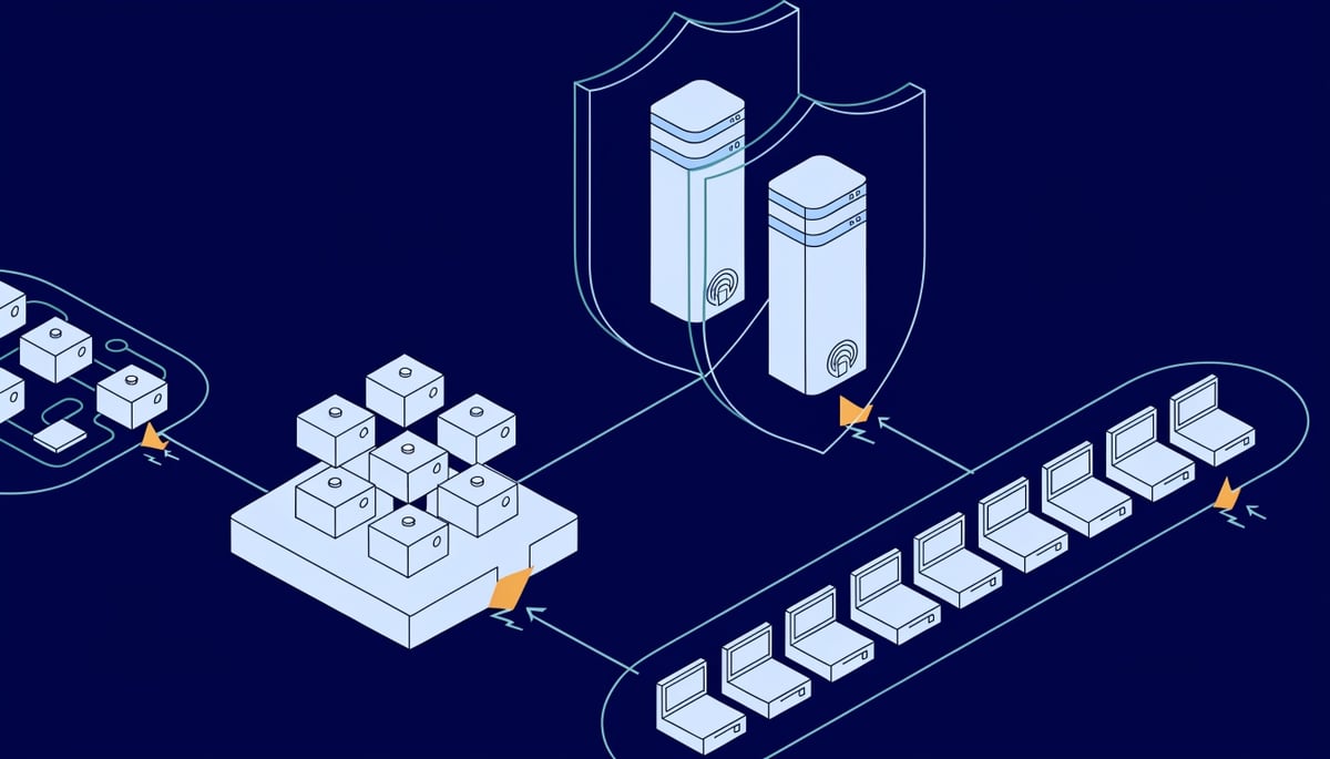 Isometric diagram of Windows domain controllers, endpoints and Hyper-V hosts affected by June 2026 Patch Tuesday flaws