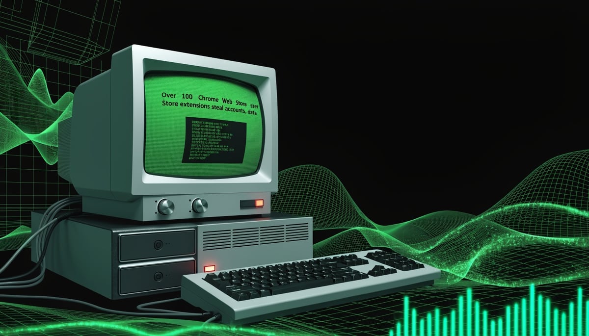 Conceptual image illustrating cybersecurity threats from Chrome extensions compromising data protection and digital security.