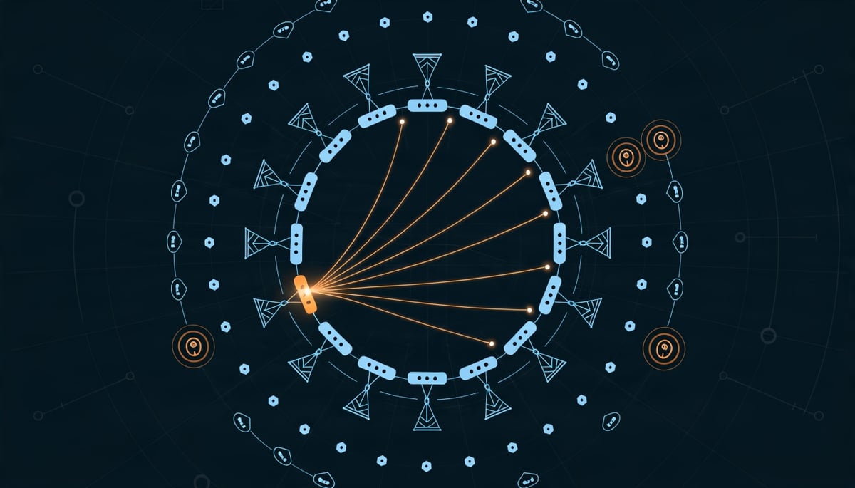 Flat vector diagram of Salt Typhoon SS7 signaling abuse spreading trusted messages across telecom carrier interconnects