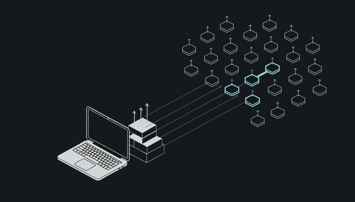 Isometric diagram of MacSync Stealer infrastructure: macOS endpoint exfiltrating to dozens of rotating C2 domains