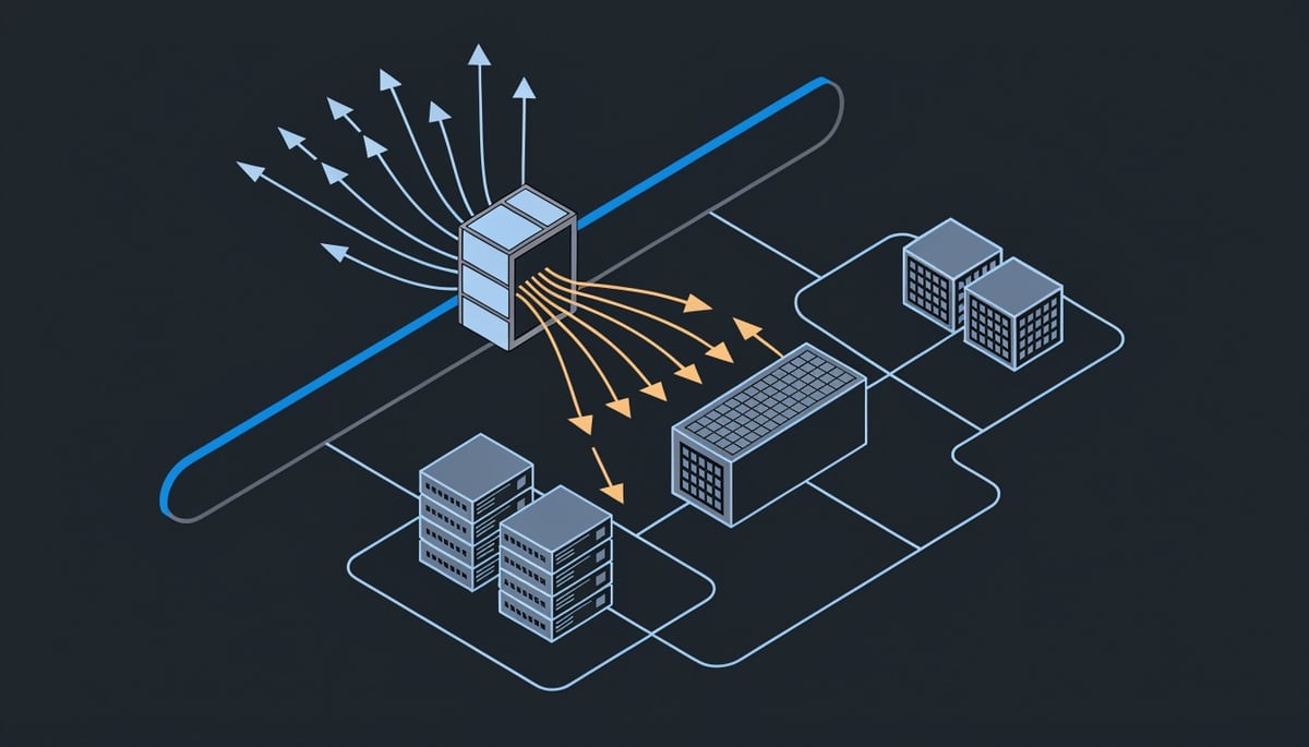 Isometric diagram of SonicWall SMA 1000 edge gateway relaying attacker requests into internal network after CVE-2026-102255