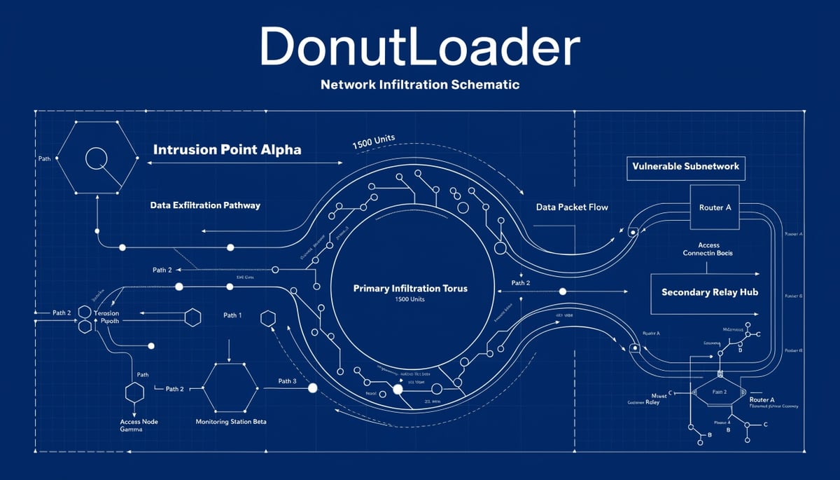Conceptual image illustrating DonutLoader malware exploiting PowerShell for data protection and digital security threats.