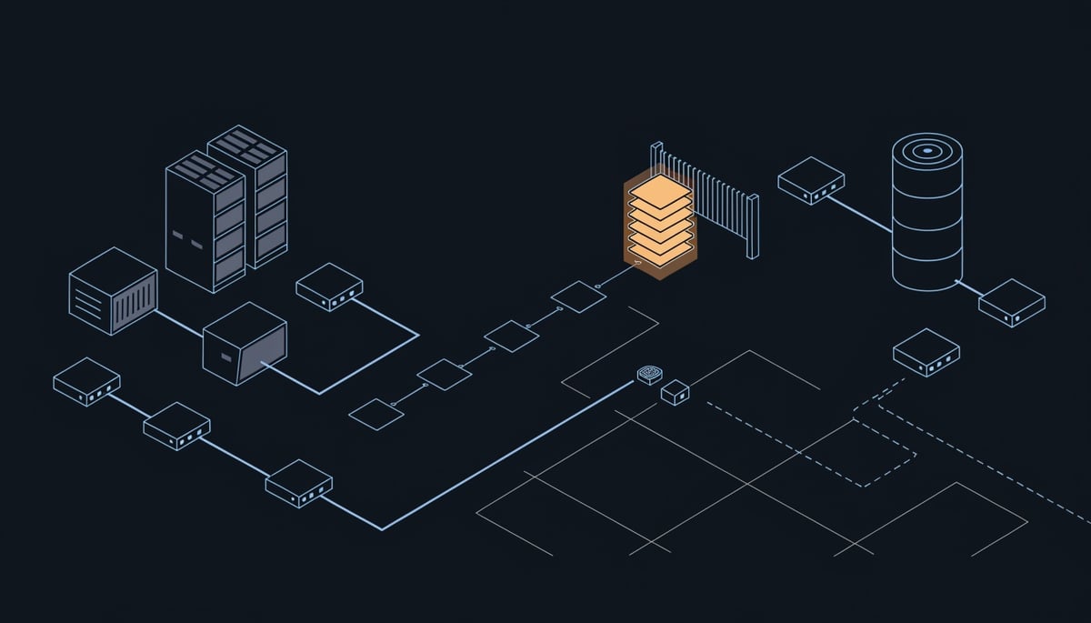 Isometric diagram of stalled patch approval chain and remote endpoints during security conference staffing gap