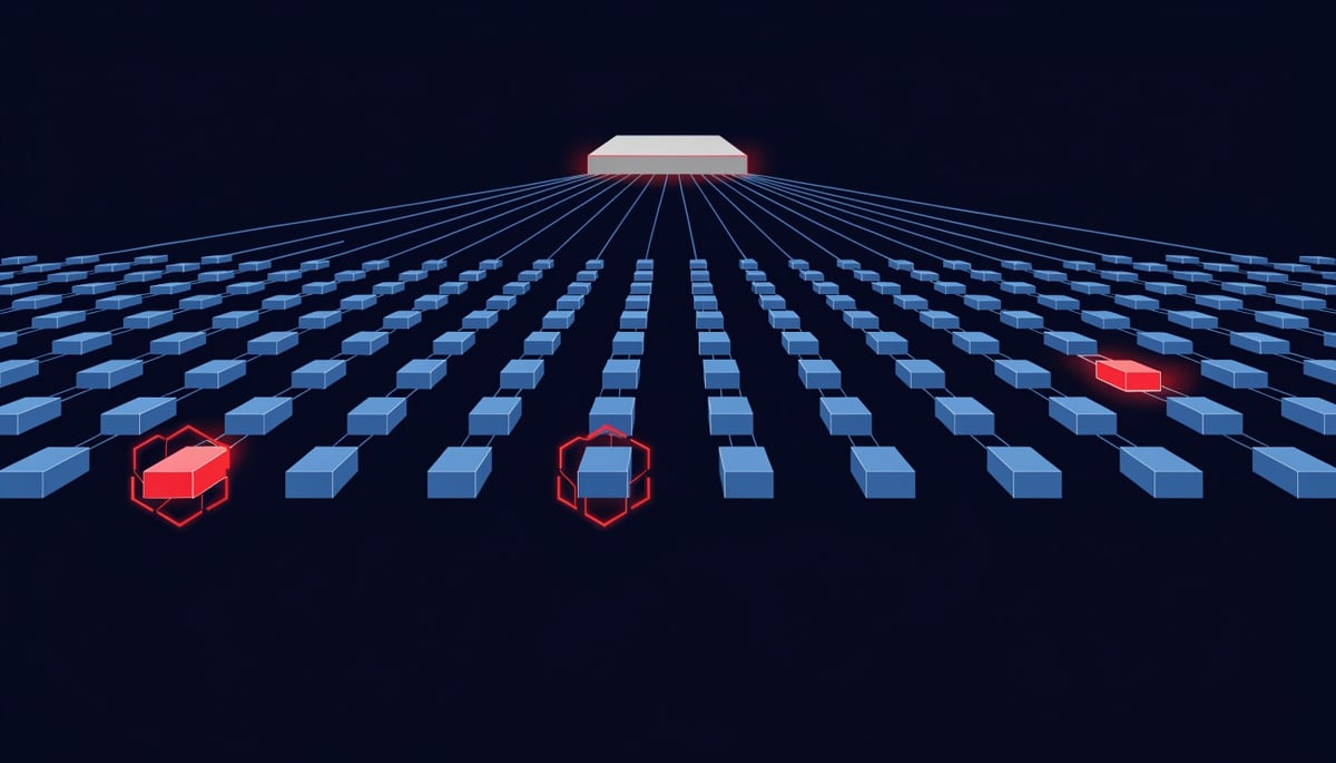 Isometric diagram of compromised FortiManager appliance spreading breach to managed FortiGate firewalls (PEERSTITCH)