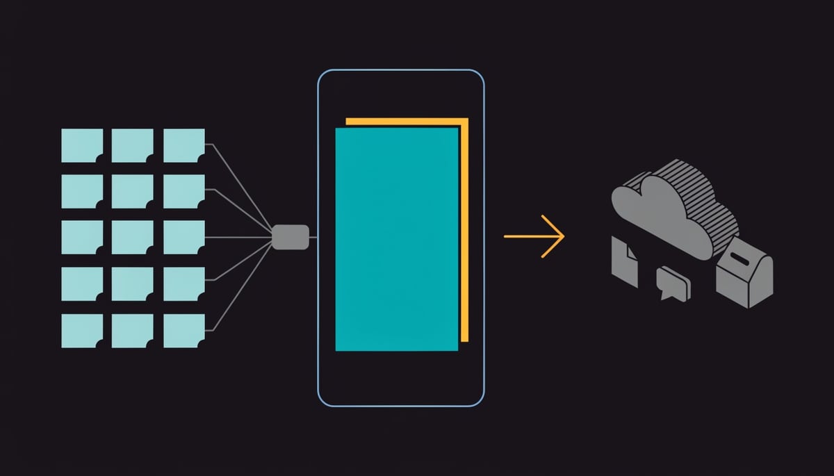 Fake recruiter phishing chain diagram showing full-screen mobile login page stealing corporate credentials for cloud access
