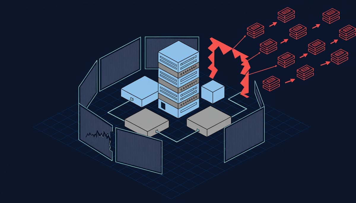 Isometric diagram of Rhysida ransomware breaching a state government network perimeter and exfiltrating data