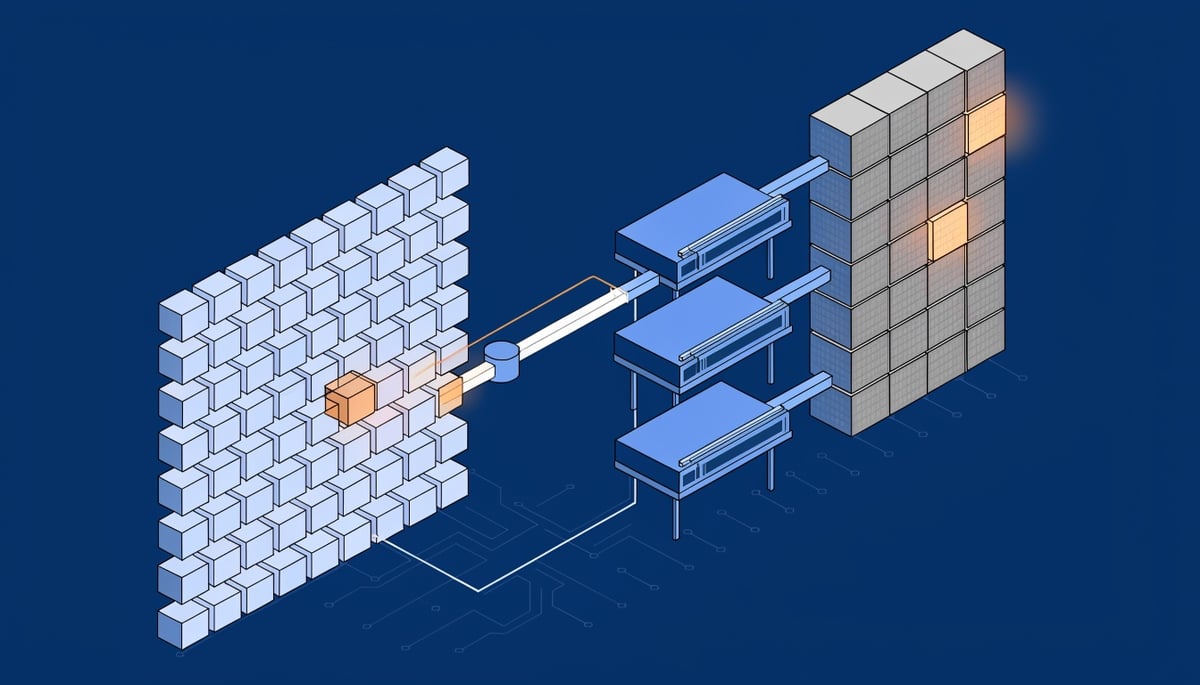Isometric diagram of a poisoned npm dependency spreading from software registry through build servers into cloud infrastructure