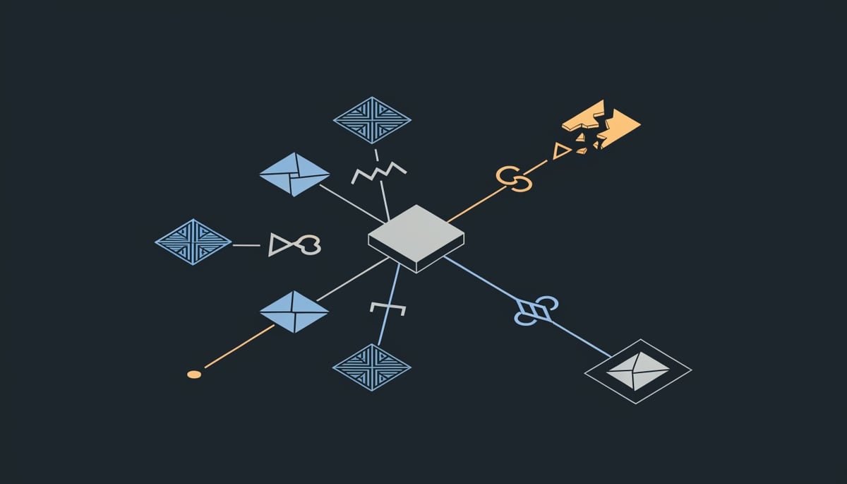 Isometric diagram of Brave email alias relay forwarding five unique addresses to one protected inbox
