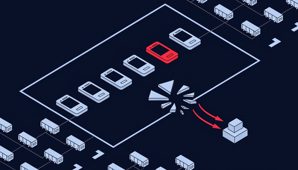 Isometric diagram of Corp MDM Android spyware breaching a logistics mobile device fleet perimeter