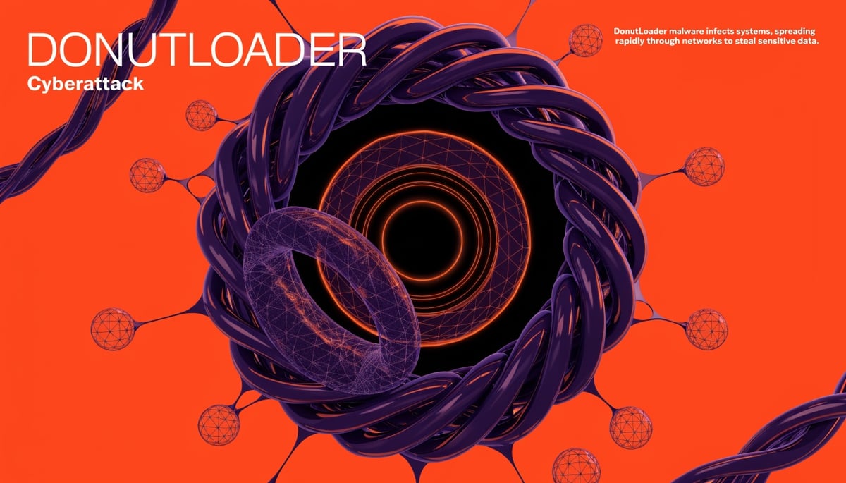 Conceptual image illustrating DonutLoader malware exploiting PowerShell, highlighting cybersecurity and data protection challenges.