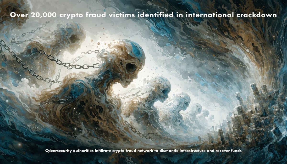 Visual representation of cybersecurity threats, highlighting data protection and crypto fraud victims in a global crackdown.