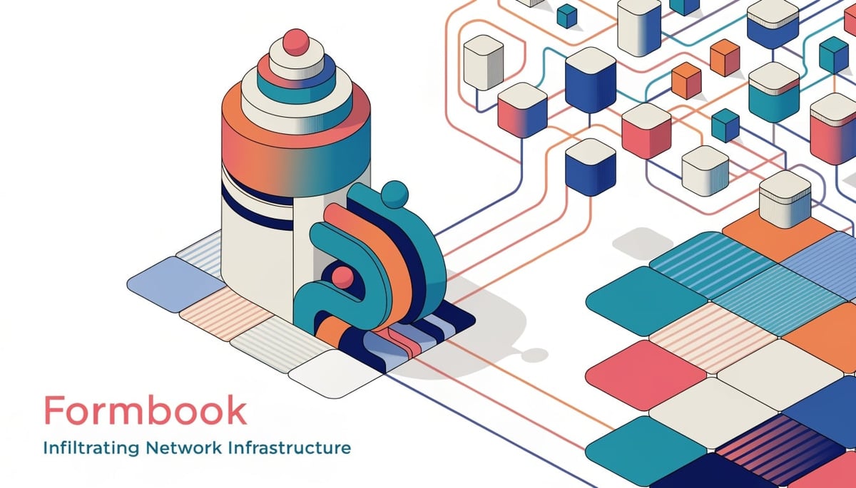 Conceptual image illustrating Formbook malware, obfuscated JavaScript attacks, and cybersecurity threat vectors for data protection.