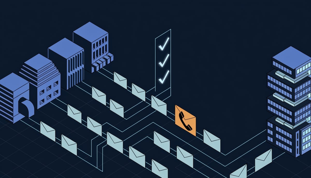 Isometric diagram of trusted retailer email infrastructure delivering one amber malicious callback phishing message