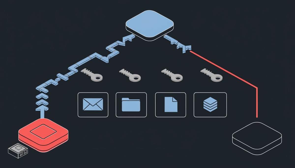 Isometric diagram of Pass-ta-key attack: compromised Windows endpoint abusing Google-synced passkeys across cloud services