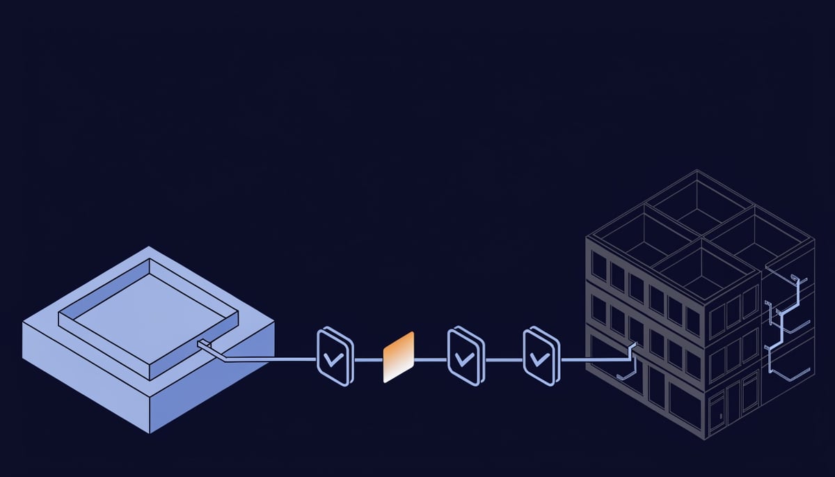 Isometric diagram of Doubloon Dredger phishing emails passing SPF, DKIM and DMARC checks via Notion infrastructure