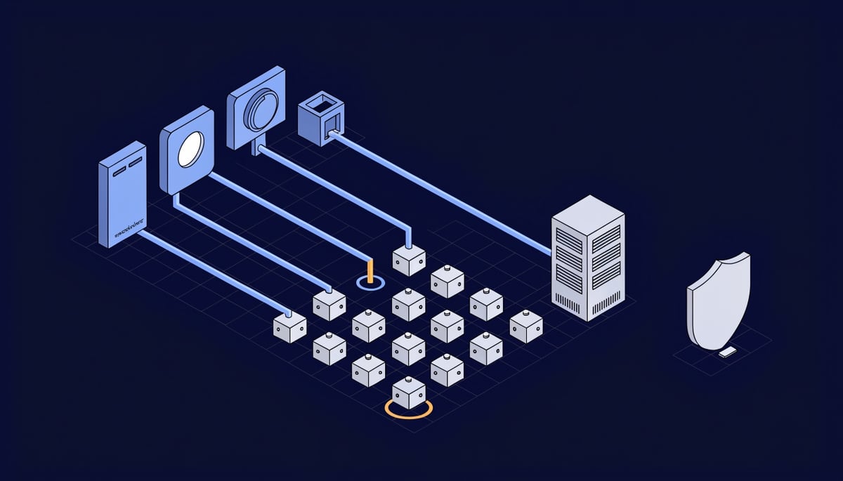 Isometric diagram of VulcanRAT207 and GlassWorm threats entering via WhatsApp, VS Code themes and RMM tools