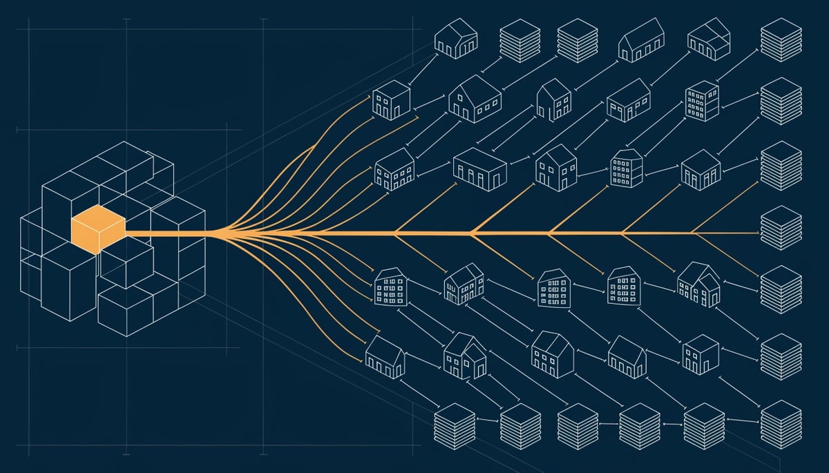 Blueprint diagram of TeamPCP supply-chain attack spreading from one poisoned package to downstream organisations