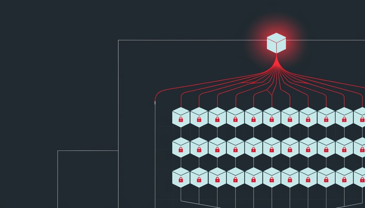 Flat isometric diagram of a compromised vCenter management node spreading ransomware to virtual machines via CVE-2026-59310