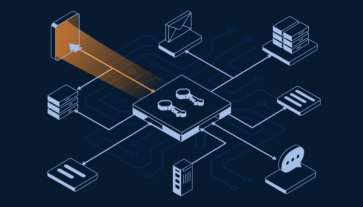 Isometric diagram of AI agent with OAuth tokens spreading a prompt injection across connected SaaS services