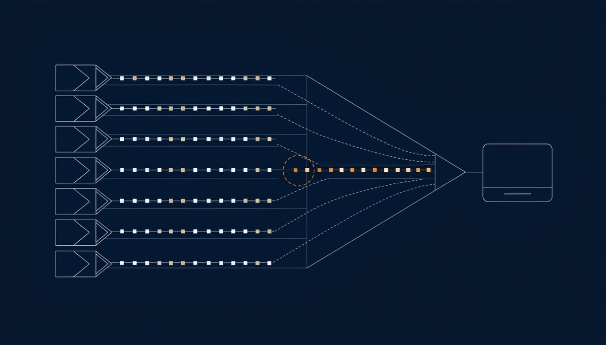 Blueprint diagram of AI coding agent endpoints flooding a SOC triage funnel with alerts, few genuine risks in amber