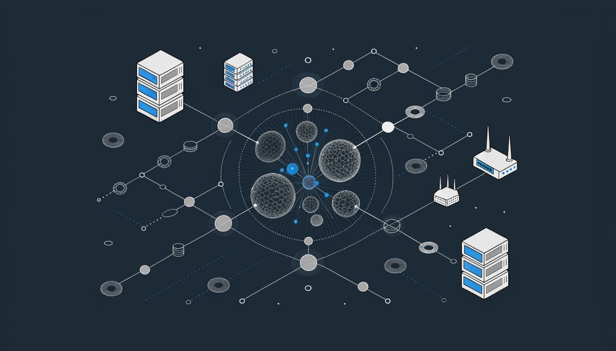 Conceptual image illustrating NAPTR Records' role in RCS and DNS spoofing attacks on enterprise networks, highlighting cybersecurity threats.