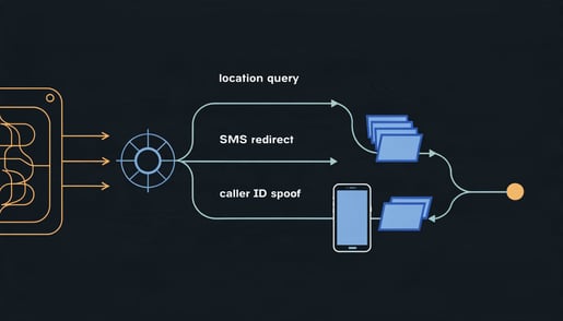 Schematic of SS7 attack path: signaling gateway redirects SMS and location queries while the target phone shows no trace