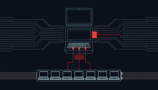Schematic of a hardware KVM appliance and video capture card hijacking a corporate laptop below the OS layer